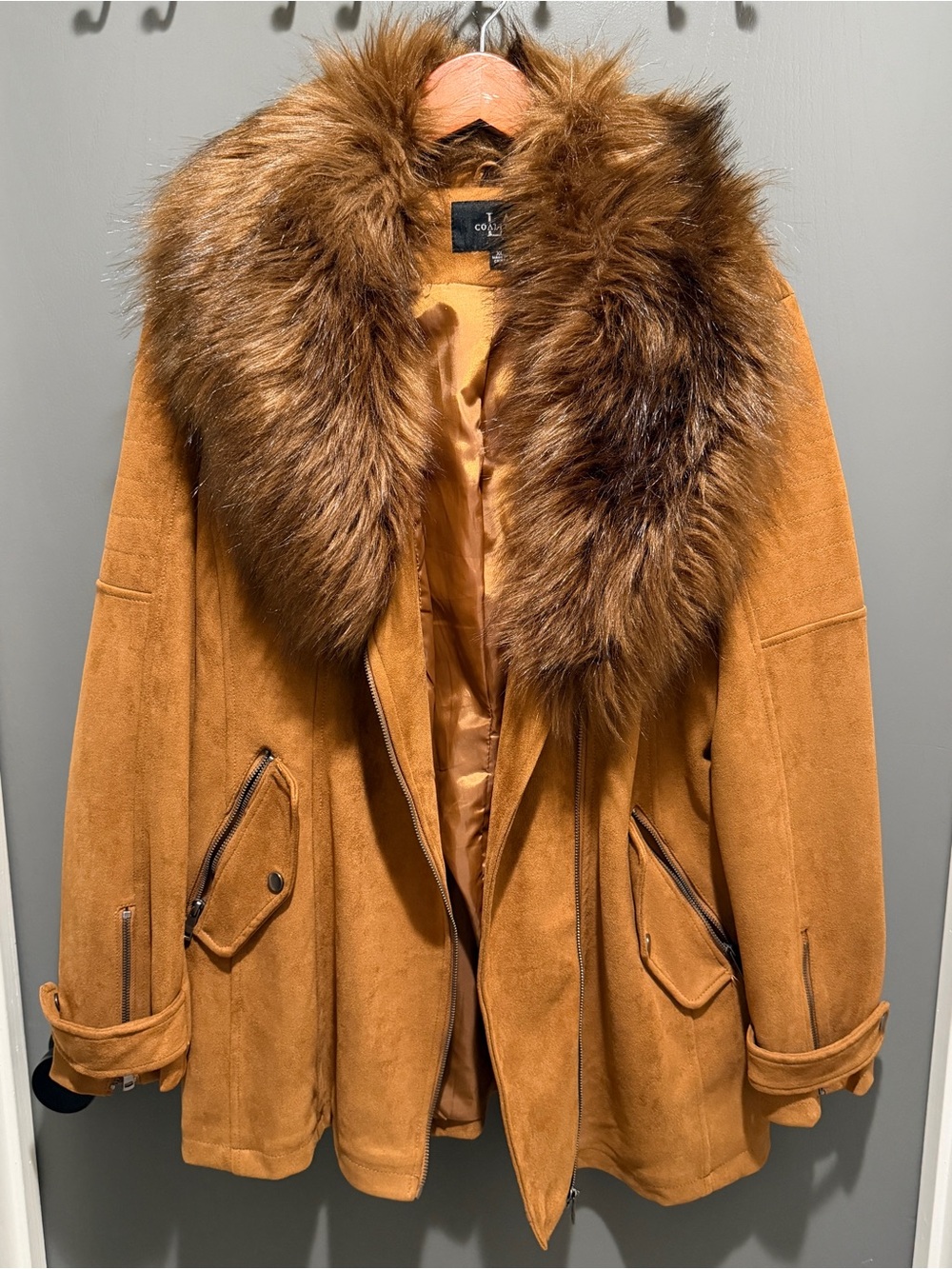 Women’s Caramel Trench Coat with Faux Fur Collar